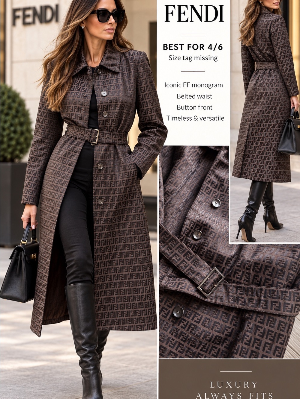 Fendi Brown FF Monogram Belted Trench Coat